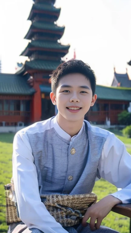 20 years old Beautiful Burmese in traditional dress boy Smiling face, friendly look, smiling at the camera, detailed clear view background, pagodas seen in the distance, farmland, natural beauty fullbudy