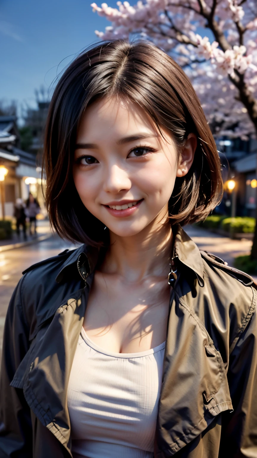 (Close up portrait of a girl in a trench coat。:1.5), (8K, Raw photo, 最high quality, masterpiece), (realistic, photo-realistic), Super detailed, high quality, professional lighting, Physically based rendering photo of an 18 year old female, (2 girls:1.3), (white shirt),(japanese idol:1.3), (cute:1.3), (cute顔:1.3),  (short hair, dark black hair), (high definition skin:1.2), (super delicate face, Super delicious, very delicate black eyes, highly detailed nose, Super detailedな口), (Walk along (The very background is Chidorigafuchi at night:1.5)), (full body shot:1.2)、(Cherry blossom trees:1.4)、(smile:1.4)