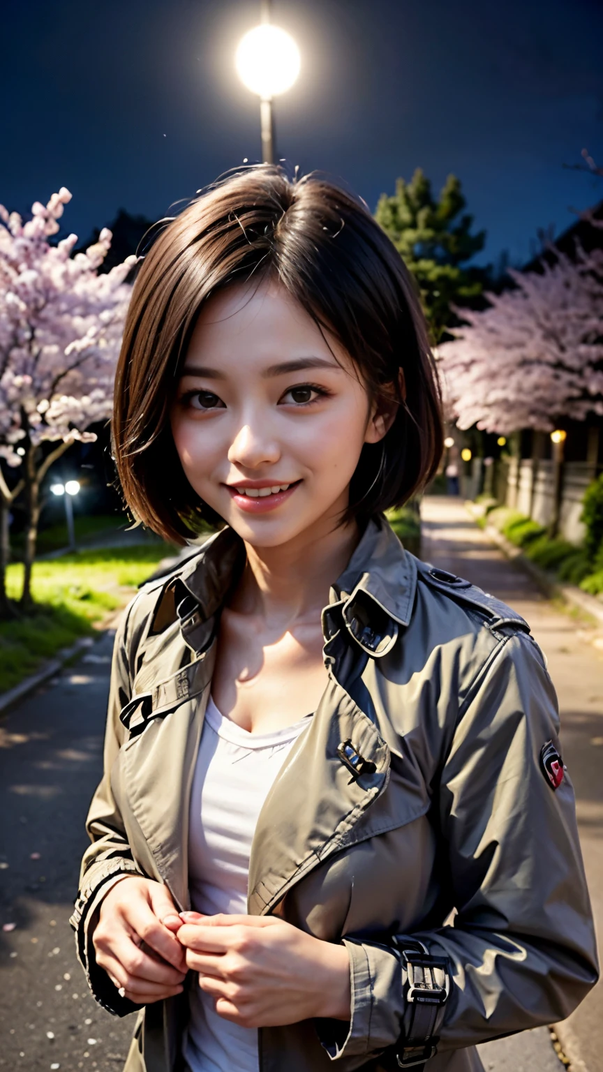 (Close up portrait of a girl in a trench coat。:1.5), (8K, Raw photo, 最high quality, masterpiece), (realistic, photo-realistic), Super detailed, high quality, professional lighting, Physically based rendering photo of an 18 year old female, (2 girls:1.3), (white shirt),(japanese idol:1.3), (cute:1.3), (cute顔:1.3),  (short hair, dark black hair), (high definition skin:1.2), (super delicate face, Super delicious, very delicate black eyes, highly detailed nose, Super detailedな口), (Walk along (The very background is Chidorigafuchi at night:1.5)), (full body shot:1.2)、(Cherry blossom trees:1.4)、(smile:1.4)