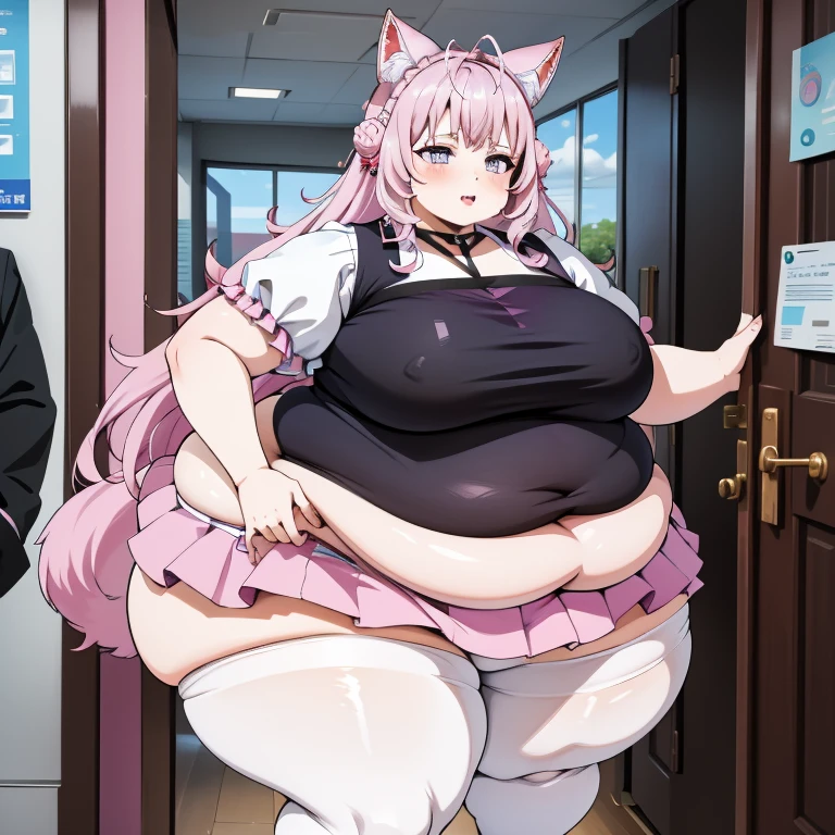 1girl, top heavy figure, (((incredibly big chest))), ((saggy chest)), plump, incredibly plump, ((big belly)), (((big tits))), pout, embarassed, wide, (((obese))), (((fat))), ((love handles)), double chin, out of shape, obese, fatty, tall woman, big bossom, ((milf)), big height, mature, standing, full body, bbw, ssbbw, hakui koyori, wolf ears, purple eyes, pink hair, very long hair, frilled pink bikini, crop top, high heels, brown pantyhose