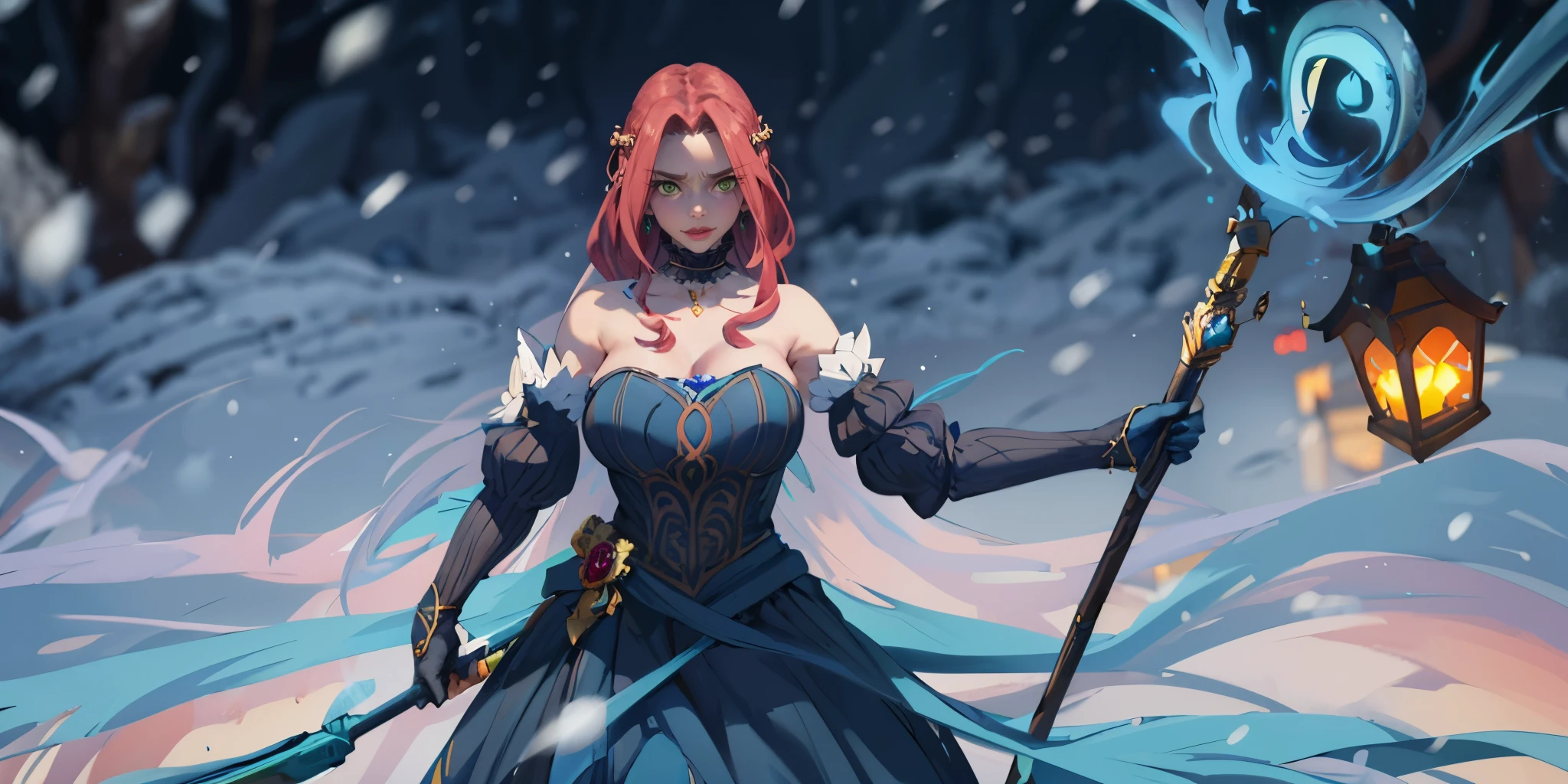 eft_shield_whor3, medium hair, red hair, green eyes,, curvy, anatomically correct, heavy breathing, huge breasts, dress, 1girl, staff, solo, snowing, bare_shoulders, breasts, gloves, jewelry, holding_staff, snow, blue_dress, detached_sleeves, snowflakes, holding, strapless_dress, choker, strapless, looking_at_viewer, holding_staff, standing, "Photorealistic, Hyperrealistic, Hyperdetailed, analog style, soft lighting, subsurface scattering, realistic, heavy shadow, masterpiece, best quality, ultra realistic, 8k, golden ratio, Intricate, High Detail, film photography, soft focus", (shaded face:1.2), hollow eyes, green eyes, looking at viewer, (heavy breathing:1.2), smirk, upper teeth, lips, steaming face,