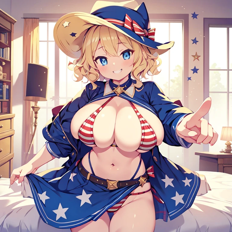 1girl, blond hair, short hair, curly hair, blue eyes, huge breasts, stars and stripes bikini, cowboy hat, grin, naughty smile, pointing, bedroom