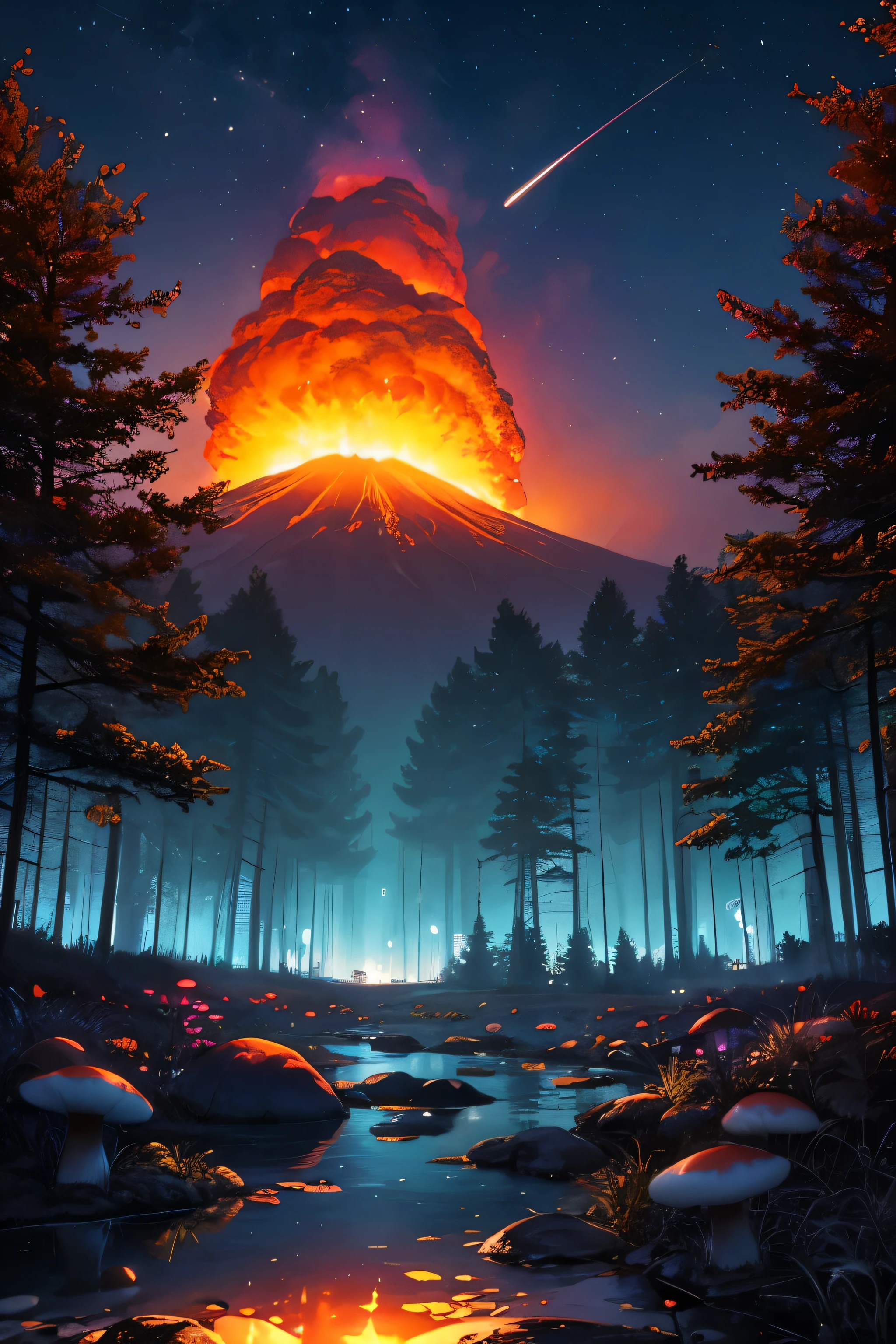 Cyberpunk forest, night time, forest with lots of plants and mushrooms growing randomly in a forest, sky has planets in background, reflection of waterfallls, volcano is erupting with orange redish florescent colorful purple blue red glowing neon hues, portal in the background 
