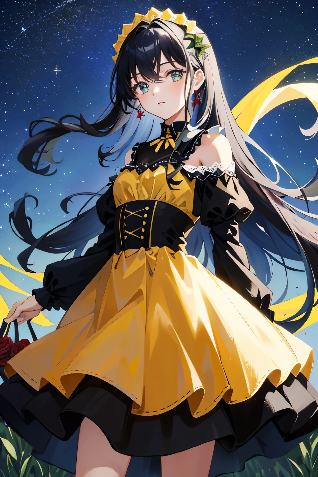 ((Masterpiece:1.2, Best quality)), 1girll, Solo, (with rose accessories), Black hair, Long hair, dress, aurora, Night, Star (sky), mitts, sky, yellow dress, Night days