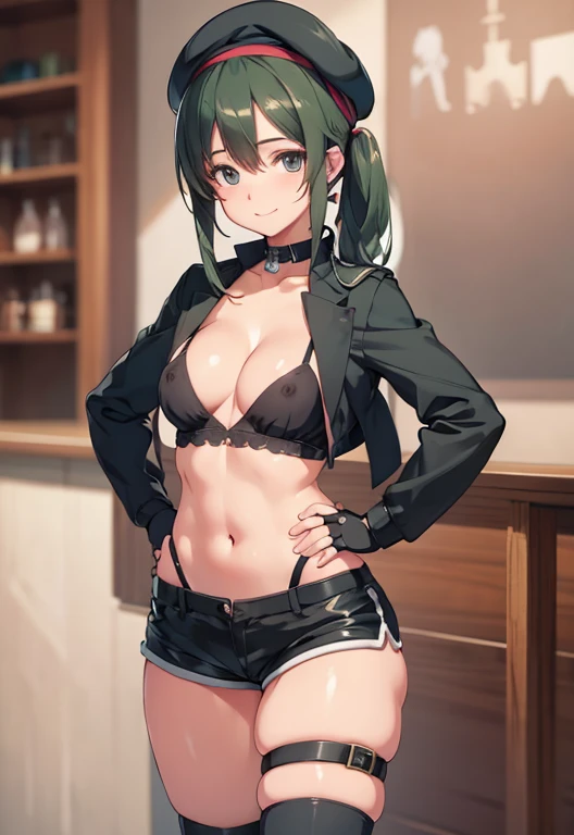ubel,dark green hair,long hair,side ponytail,hair between eyes,bangs, BREAK (beret, black jacket, open clothes, (cleavage:1.3),(small and cute nipples:0.8) midriff, black shorts, black thighhighs, thigh strap, fingerless gloves, single glove:1.2) BREAK blurry background, BREAK pose, hand on hip, BREAK (masterpiece:1.2), best quality, high resolution, unity 8k wallpaper, (illustration:0.8), (beautiful detailed eyes:1.6), extremely detailed face, perfect lighting, extremely detailed CG, (perfect hands, perfect anatomy)、ideal body proportionedium chest:1.1), cleavage:2、happy smile,Bustling seashore,her thin pubic hair, looking at viewer,
