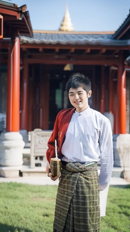 20 years old Beautiful Burmese in traditional dress boy Smiling face, friendly look, smiling at the camera, detailed clear view background, pagodas seen in the distance, farmland, natural beauty fullbudy