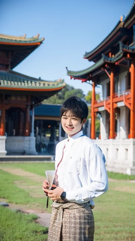 20 years old Beautiful Burmese in traditional dress boy Smiling face, friendly look, smiling at the camera, detailed clear view background, pagodas seen in the distance, farmland, natural beauty fullbudy