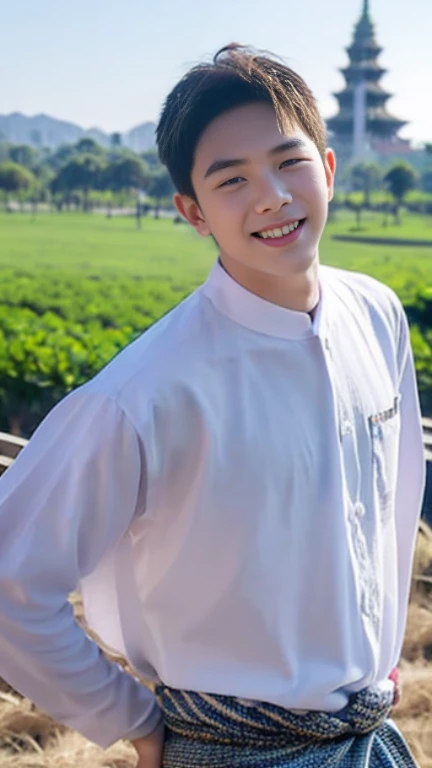 20 years old Beautiful Burmese in traditional dress boy Smiling face, friendly look, smiling at the camera, detailed clear view background, pagodas seen in the distance, farmland, natural beauty fullbudy