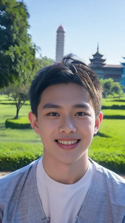 20 years old  Beautiful Burmese in traditional dress  boy  Smiling face, friendly look, smiling at the camera, detailed clear view background, pagodas seen in the distance, farmland, natural beauty fullbudy 