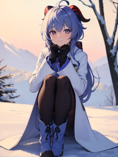 (masterpiece), (highest quality) , super detailed, shine, shine光, ray tracing, Depth of the bounds written, (perfect face, detailed face, fine eyes,perfect hands :0.7),(8k),super realistic face,ray tracing,perfect lighting,highest quality, super detailed, shine目, (looking at the viewer,smile:1.1), ((1 girl)), (mature woman:1.4), Ganyu, Ganyu,Snowy countryside, winter landscape, pants stockings,((Winter coats)),(( long coat)), beautiful ,((winter boots)), gloves, smile, beauty of nature, purple hair, shine青い目, detailed facial features, rosy cheeks, (優しいsmile), ice breath, ピンクとwinter landscape, snowflakes falling quietly, Crisp winter air, quiet and peaceful, Calm atmosphere, Traces of footprints,winter wonderland, untouched nature, Soft and fluffy snow, clear blue sky, sunlight filtering through the foliage, Exquisite shadows,