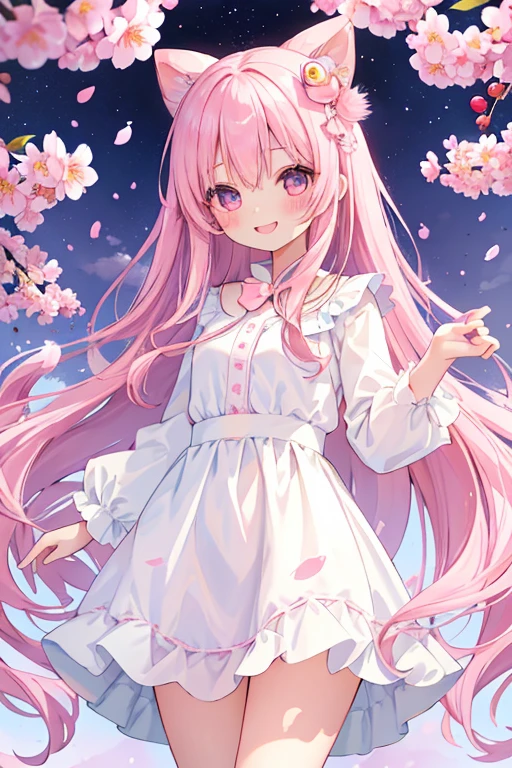 beautiful illustrations, highest quality, pretty girl,beautiful girl、clear face、 half girl、pastel colour 、pink hair、black eyes、smile、blush、にこやかなsmile、thighs、perfect hands、five fingers、cherry blossoms吹雪、cherry blossoms、fantasy、fantasy、white dress、date、straight hair