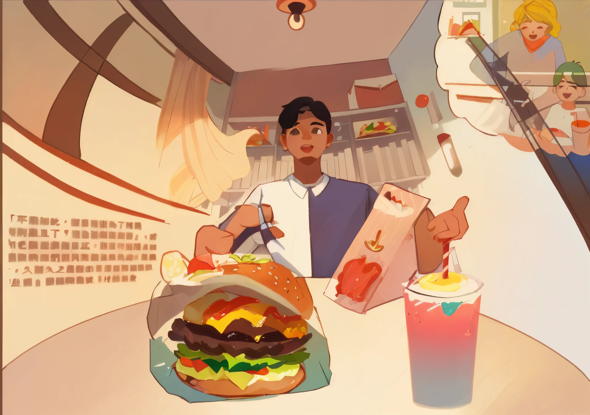 Hamburgers on the table,panini,drinks, boy blocking his way to breakfast,Looking up