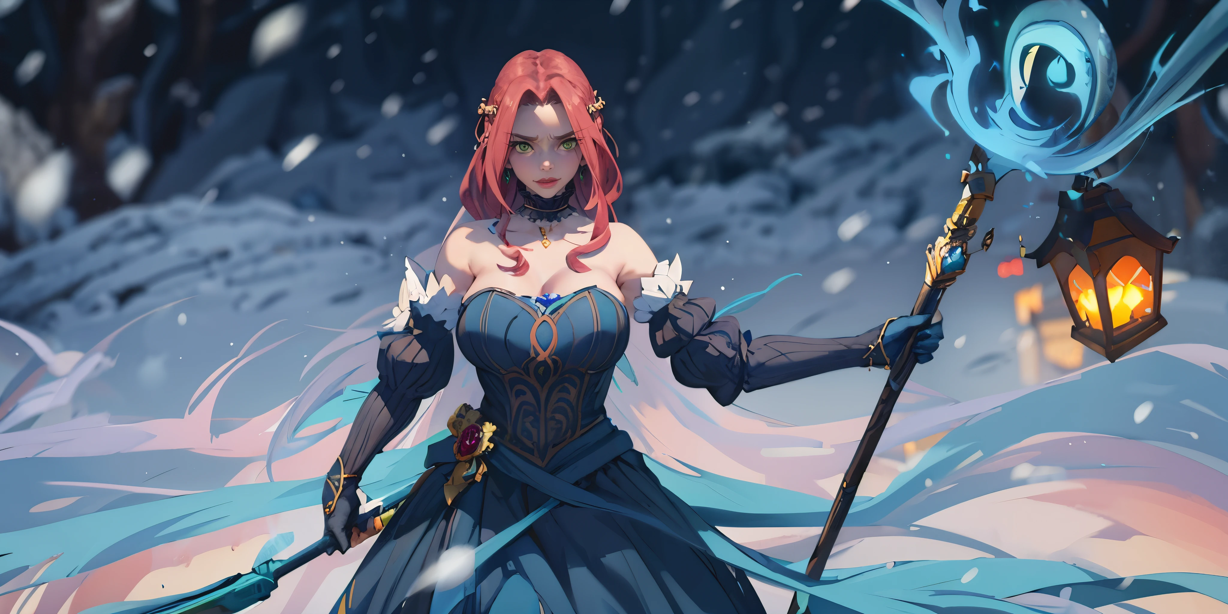 eft_shield_whor3, medium hair, red hair, green eyes,, curvy, anatomically correct, heavy breathing, huge breasts, dress, 1girl, staff, solo, snowing, bare_shoulders, breasts, gloves, jewelry, holding_staff, snow, blue_dress, detached_sleeves, snowflakes, holding, strapless_dress, choker, strapless, looking_at_viewer, holding_staff, standing, "Photorealistic, Hyperrealistic, Hyperdetailed, analog style, soft lighting, subsurface scattering, realistic, heavy shadow, masterpiece, best quality, ultra realistic, 8k, golden ratio, Intricate, High Detail, film photography, soft focus", (shaded face:1.2), hollow eyes, green eyes, looking at viewer, (heavy breathing:1.2), smirk, upper teeth, lips, steaming face,