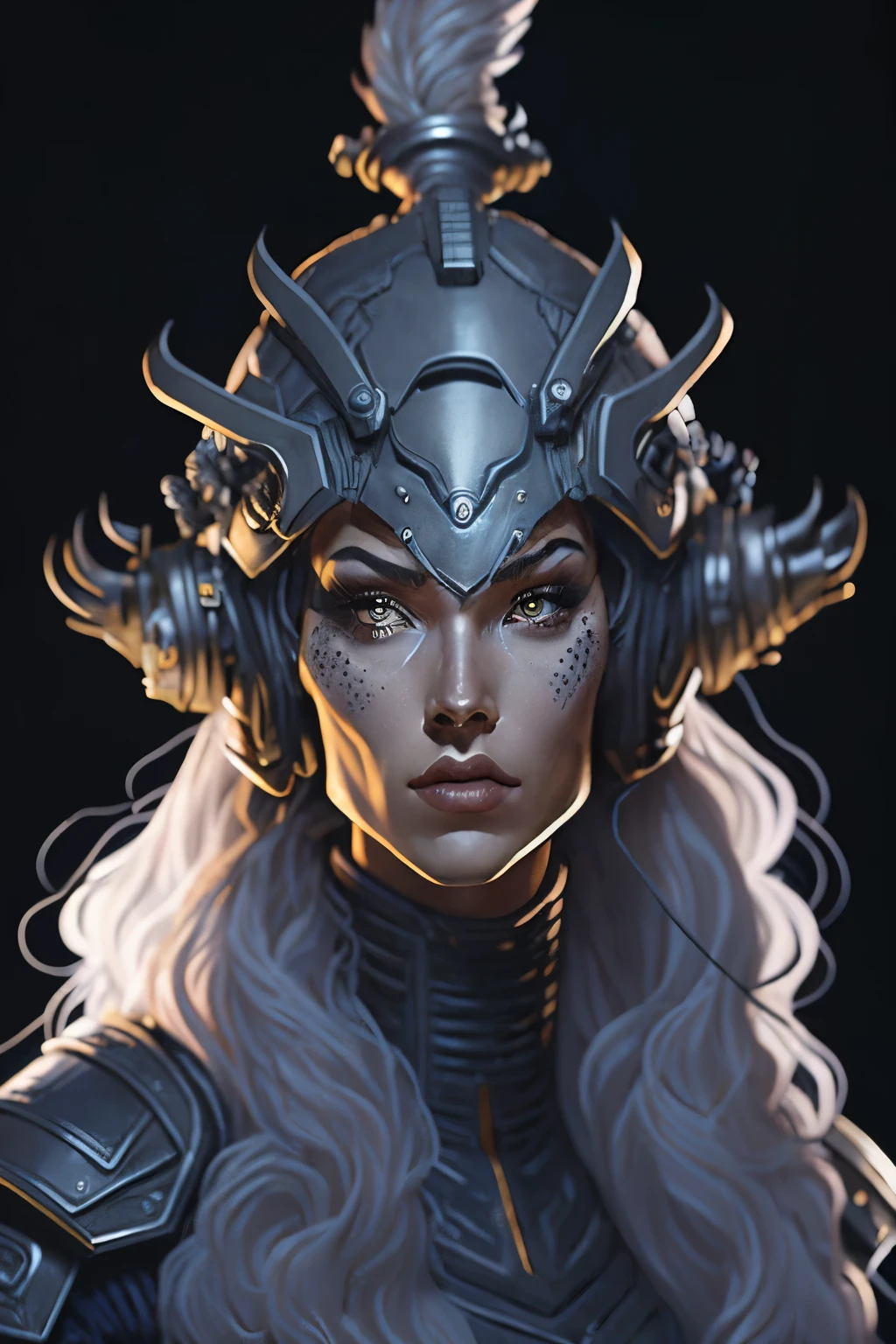 On an Imperium outpost mifiant death solier prepares her orcane planet ship for battle, she is wearing a smokey grey fighting helm with smokey long curly hair, smoke emanates from her hair and clothing, wearing a lightly technological battle suit fitting of a magical creature of high stature subtle technology, nanites,