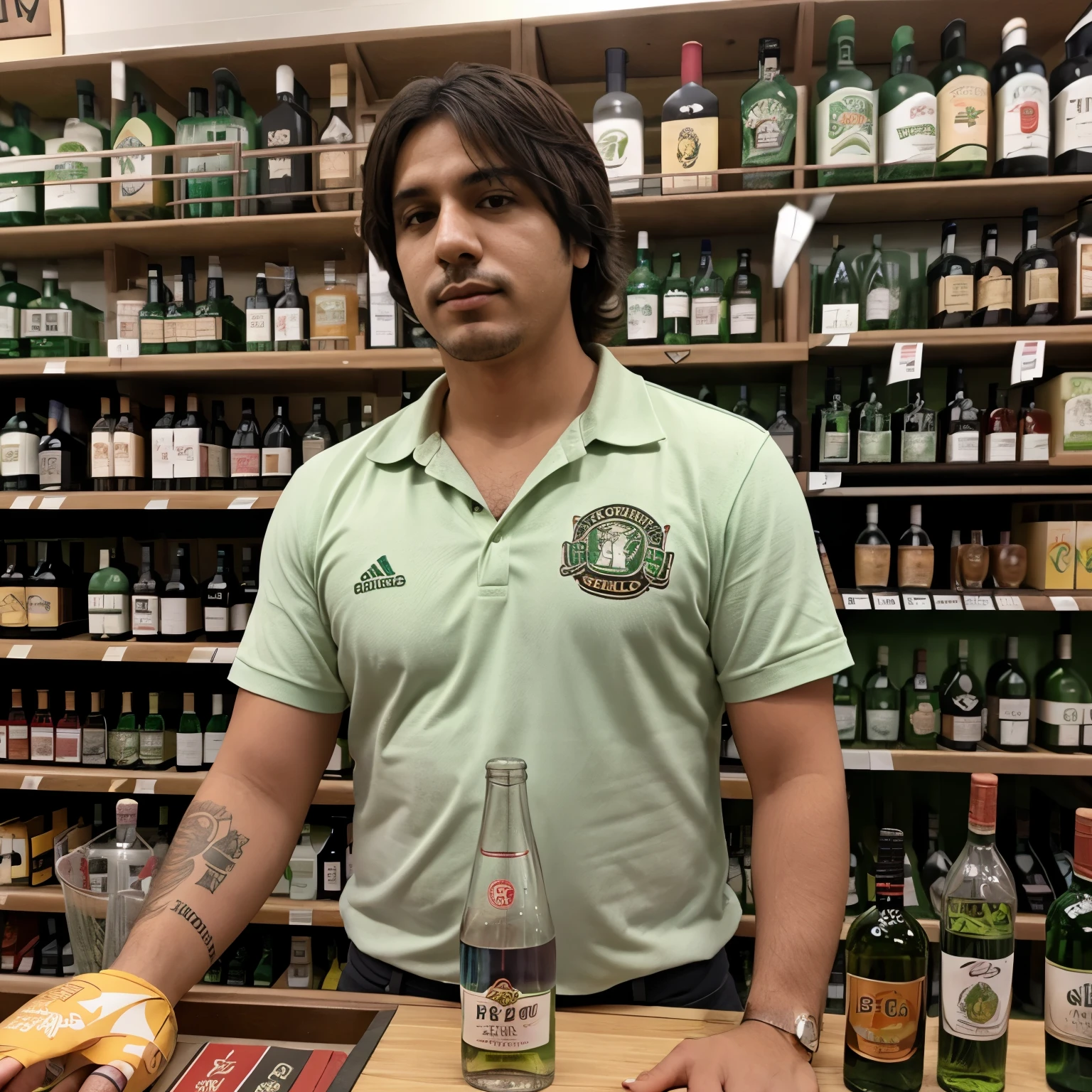 Perico con plumas verdes que diga Pericos Liquor Store