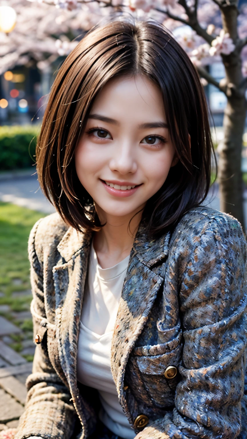 (Close up portrait of a girl in a tweed jacket。:1.5), (8K, Raw photo, 最high quality, masterpiece), (realistic, photo-realistic), Super detailed, high quality, professional lighting, Physically based rendering photo of an 18 year old female, (2 girls:1.3), (white shirt),(japanese idol:1.3), (cute:1.3), (cute顔:1.3),  (short hair, dark black hair), (high definition skin:1.2), (super delicate face, Super delicious, very delicate black eyes, highly detailed nose, Super detailedな口), (Walk along (The very background is Chidorigafuchi at night:1.5)), 、A girl sitting quietly on a park bench、(Cherry blossom trees:1.4)、(smile:1.4)