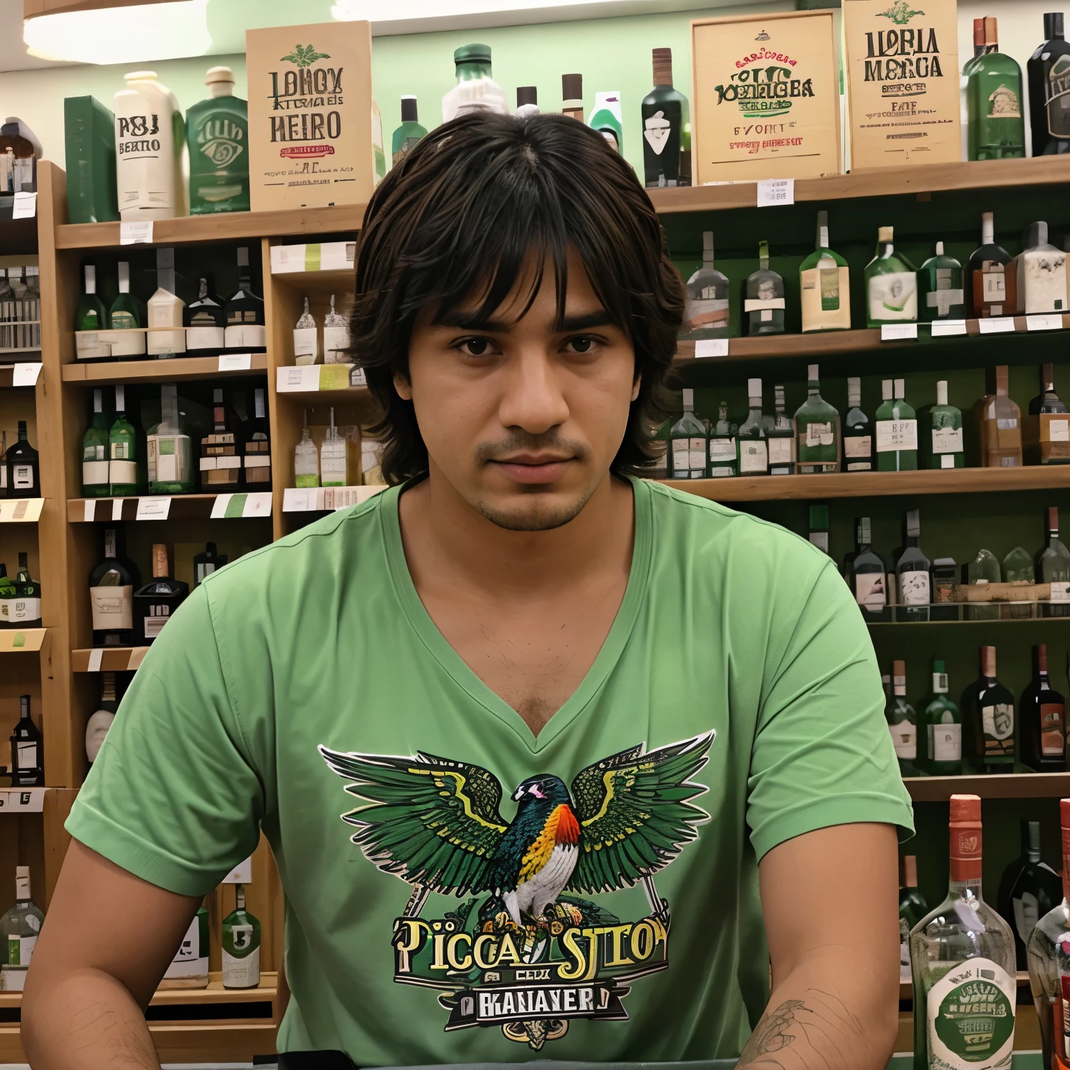 Perico con plumas verdes que diga Pericos Liquor Store 