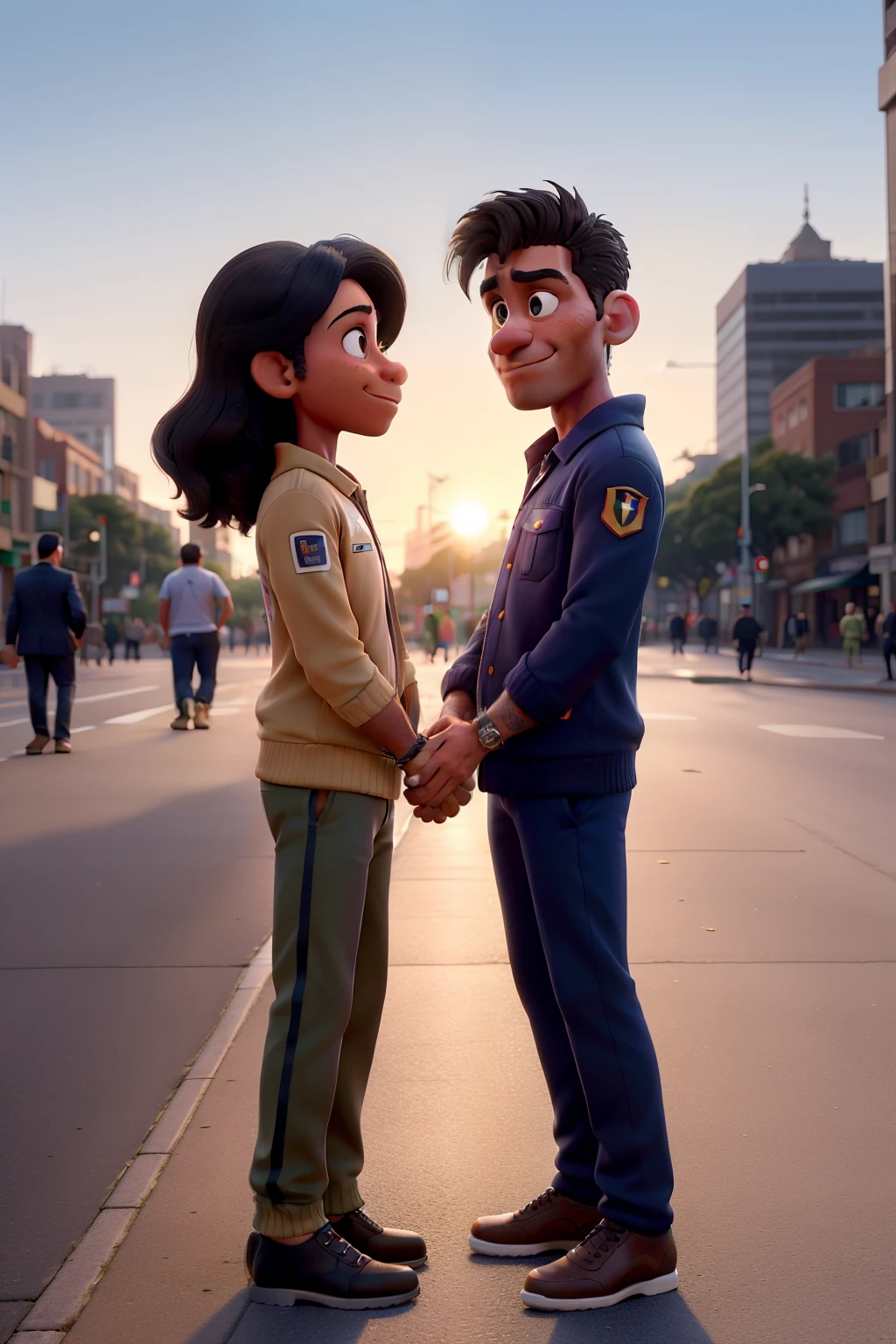 A lively scene unfolds as two notable figures, Jair Bolsonaro and Neymar, engage in an animated conversation on the bustling streets of Brazil. Bolsonaro, clad in military fatigues and a stern expression, listens attentively to Neymar, dressed in a stylish tracksuit and with a determined look on his face. The sun sets in the background, casting long shadows on the pavement.

Passersby pause in their tracks, intrigued by the intensity of their dialogue. The vibrant colors of the setting sun reflect off the polished surfaces of their shoes, adding a warm and inviting glow to the scene. The sounds of city life - honking horn