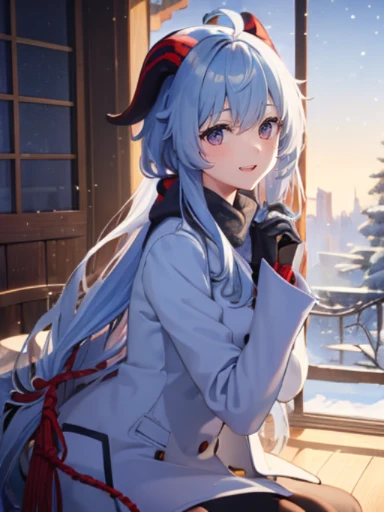 (masterpiece), (highest quality) , super detailed, shine, shine光, ray tracing, Depth of the bounds written, (perfect face, detailed face, fine eyes,perfect hands :0.7),(8k),super realistic face,ray tracing,perfect lighting,highest quality, super detailed, shine目, (looking at the viewer,smile:1.1), ((1 girl)), (mature woman:1.4), Ganyu, Ganyu,Snowy countryside, winter landscape, pants stockings,((Winter coats)),(( long coat)), beautiful ,((winter boots)), gloves, smile, beauty of nature, light blue hair, shine青い目, detailed facial features, rosy cheeks, (優しいsmile), ice breath, ピンクとwinter landscape, snowflakes falling quietly, Crisp winter air, quiet and peaceful, Calm atmosphere, Traces of footprints,winter wonderland, untouched nature, Soft and fluffy snow, clear blue sky, sunlight filtering through the foliage, Exquisite shadows,