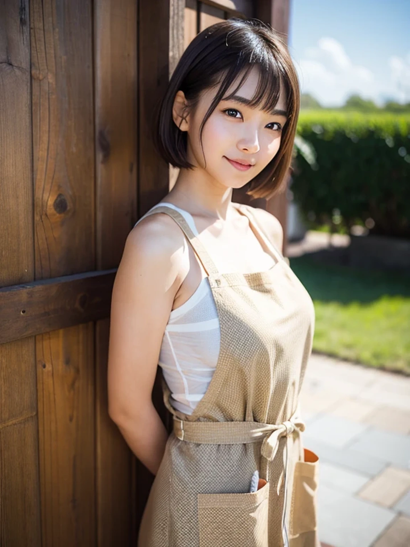 masterpiece, Best Quality, Raw photo, 8K, ultra-detailed face, 1girl, Beautiful detailed skin, backlight, soft light, bashful, (shoot from front:1.2), smile, Luminescent, Anatomically correct, short hair, bangs, Eyes and faces with detailed, Textured skin, Professional Photography, Bokeh, Portrait, Professional Lighting, Solo, Cute, Girly, Film grain, apron, inside bakery shop
