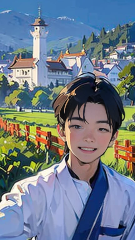 20 years old Beautiful Burmese in traditional dress boy Smiling face, friendly look, smiling at the camera, detailed clear view background, pagodas seen in the distance, farmland, natural beauty fullbudy
