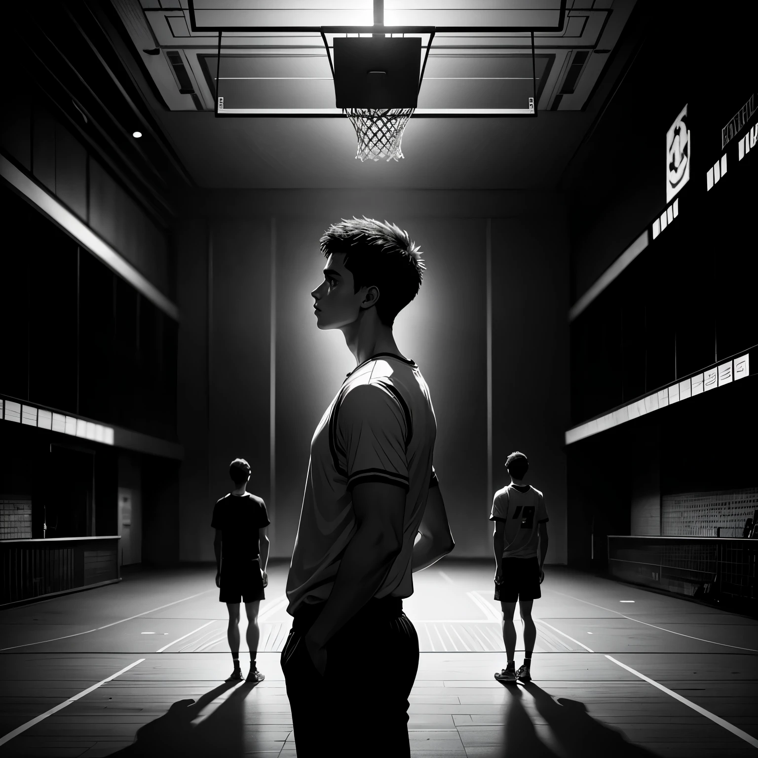 Make an illustration about novel cover
Title: HOOPS FIASCO

Description:
In the dim glow of a basketball court, a lone figure stands a young man, embracing a basketball. while the abandoned basketball symbolizes the shattered dreams left in the wake of tragedy. As suspicion mounts and secrets unravel, "HOOPS FIASCO" unveils a gripping tale of betrayal and deception, where nothing is as it seems and the line between innocence and guilt blurs.