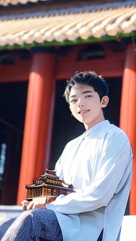 20 years old Beautiful Burmese in traditional dress boy Smiling face, friendly look, smiling at the camera, detailed clear view background, pagodas seen in the distance, farmland, natural beauty fullbudy