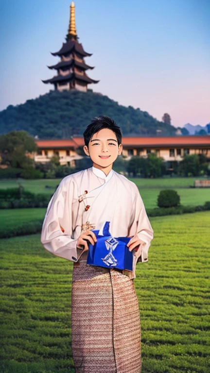 20 years old  Beautiful Burmese in traditional dress  boy  Smiling face, friendly look, smiling at the camera, detailed clear view background, pagodas seen in the distance, farmland, natural beauty fullbudy 