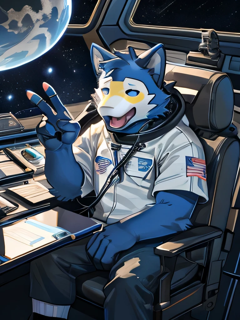 furry, blue cat, wears a NASA astronaut outfit, the setting is a space with stars and planets, there are shooting stars, a defective robot mask, his body is robotic, part of his body has electrical cables, but part of his body it's also from an animal, he's wearing long white socks, he's sitting on his ship, he's sticking out his tongue like an ahegao, protuberance, he has both hands and he's making a "v" sign with his fingers.