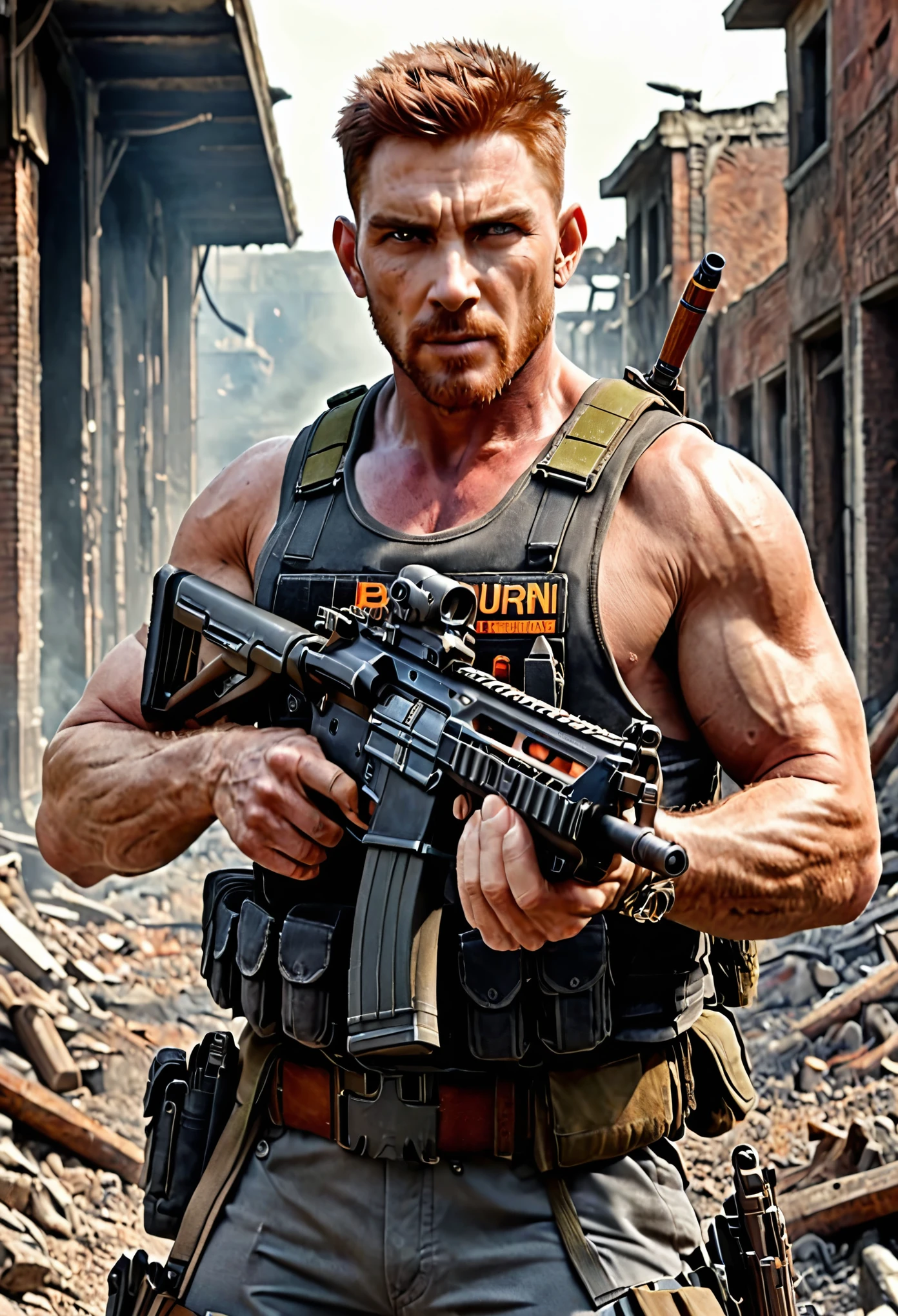 masterpiece, best quality, solo, solo focus, auburn hair, crew cut, dark grey eyes, mercenary, age 45, male focus, using weapon, assault rifle, cigar in mouth, danger atmosphere, load-bearing vest ammunition belt, war zone