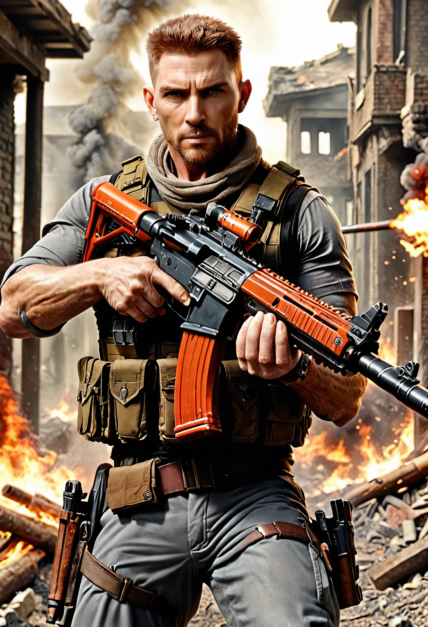 masterpiece, best quality, solo, solo focus, auburn hair, crew cut, dark grey eyes, mercenary, age 45, male focus, using weapon, assault rifle, cigar in mouth, danger atmosphere, load-bearing vest ammunition belt, war zone