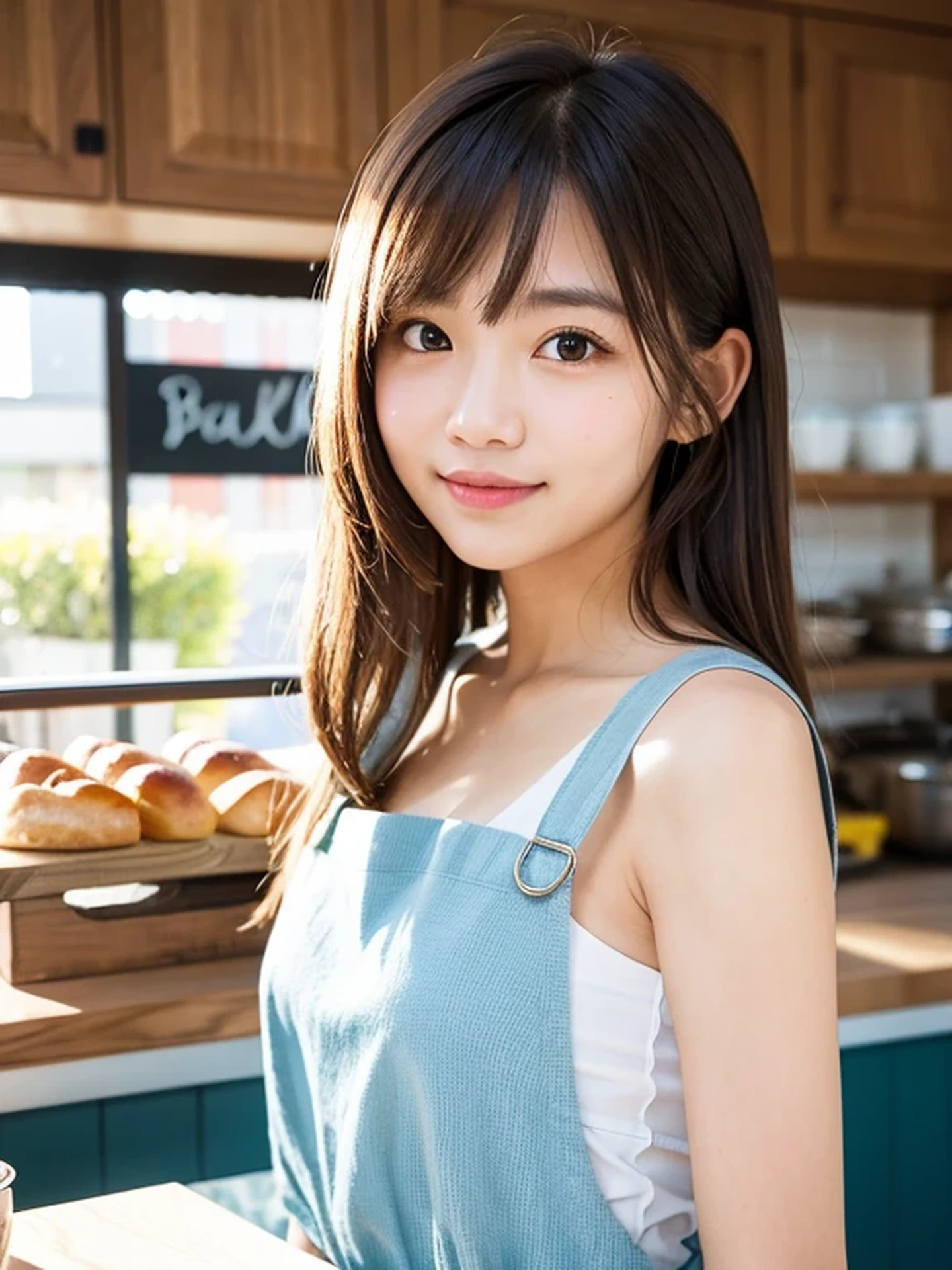 masterpiece, Best Quality, Raw photo, 8K, ultra-detailed face, 1girl, Beautiful detailed skin, backlight, soft light, bashful, (shoot from front:1.2), smile, Luminescent, Anatomically correct, Medium hair, bangs, Eyes and faces with detailed, Textured skin, Professional Photography, Bokeh, Portrait, Professional Lighting, Solo, Cute, Girly, Film grain, apron, inside bakery shop