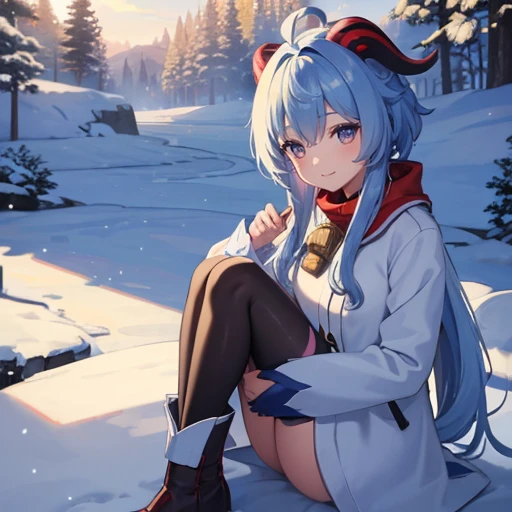 (masterpiece), (highest quality) , super detailed, shine, shine光, ray tracing, Depth of the bounds written, (perfect face, detailed face, fine eyes,perfect hands :0.7),(8k),super realistic face,ray tracing,perfect lighting,highest quality, super detailed, shine目, (looking at the viewer,smile:1.1), ((1 girl)), (mature woman:1.4), Ganyu, Ganyu,Snowy countryside, winter landscape, pants stockings,((Winter coats)),(( long coat)), beautiful ,((winter boots)), gloves, smile, beauty of nature, light blue hair, shine青い目, detailed facial features, rosy cheeks, (優しいsmile), ice breath, ピンクとwinter landscape, snowflakes falling quietly, Crisp winter air, quiet and peaceful, Calm atmosphere, Traces of footprints,winter wonderland, untouched nature, Soft and fluffy snow, clear blue sky, sunlight filtering through the foliage, Exquisite shadows,