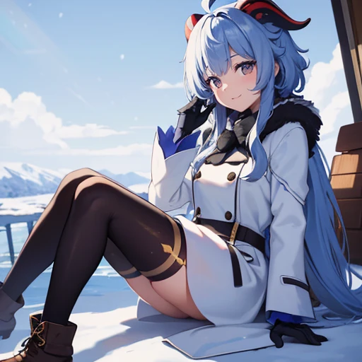 (masterpiece), (highest quality) , super detailed, shine, shine光, ray tracing, Depth of the bounds written, (perfect face, detailed face, fine eyes,perfect hands :0.7),(8k),super realistic face,ray tracing,perfect lighting,highest quality, super detailed, shine目, (looking at the viewer,smile:1.1), ((1 girl)), (mature woman:1.4), Ganyu, Ganyu,Snowy countryside, winter landscape, pants stockings,((Winter coats)),(( long coat)), beautiful ,((winter boots)), gloves, smile, beauty of nature, light blue hair, shine青い目, detailed facial features, rosy cheeks, (優しいsmile), ice breath, ピンクとwinter landscape, snowflakes falling quietly, Crisp winter air, quiet and peaceful, Calm atmosphere, Traces of footprints,winter wonderland, untouched nature, Soft and fluffy snow, clear blue sky, sunlight filtering through the foliage, Exquisite shadows,