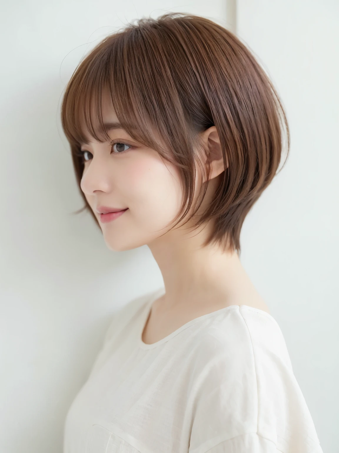 table top、white wall、Taken in front of the white door、floral long sleeve dress、(8K、Live shooting、highest quality、masterpiece:1.2)、High-definition RAW color photo、professional photos、(genuine、フォトgenuine:1.37)、Photographed in natural light、1 girl、怠惰なsmile、(various poses)、spring clothes、Simple Necklace、(Beautiful profile:1.3)、don't look at the camera、profile、shortcut、((brown hair))、short hair、Eye color is dark brown、(Beautiful profile:1.3)、correct hand of human body、look down、fluffy hair、smile