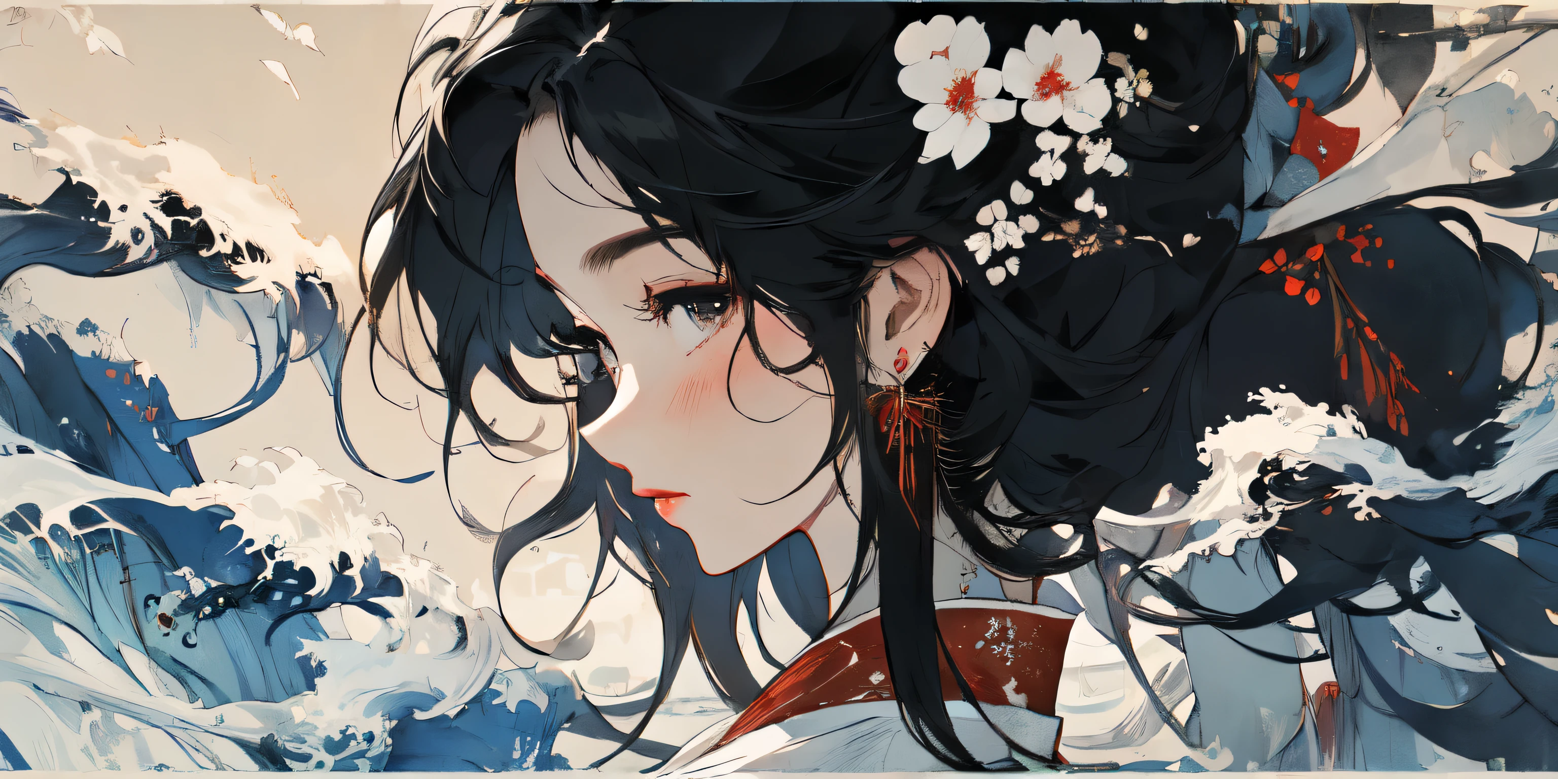 (masterpiece:1.2), best quality,pixiv,Chinese ink painting,ink painting,Cowboy shooting, 
1 girl, long hair, jewelry, alone, earrings,black hair,K,
 