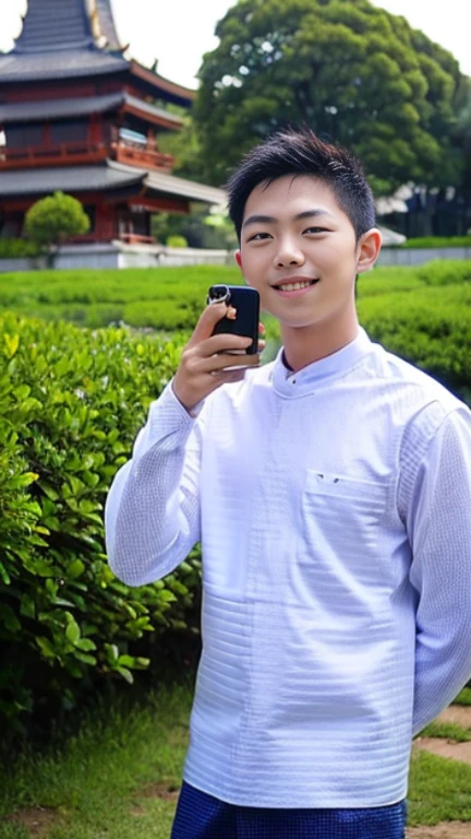 20 years old Beautiful Burmese in traditional dress boy Smiling face, friendly look, smiling at the camera, detailed clear view background, pagodas seen in the distance, farmland, natural beauty fullbudy