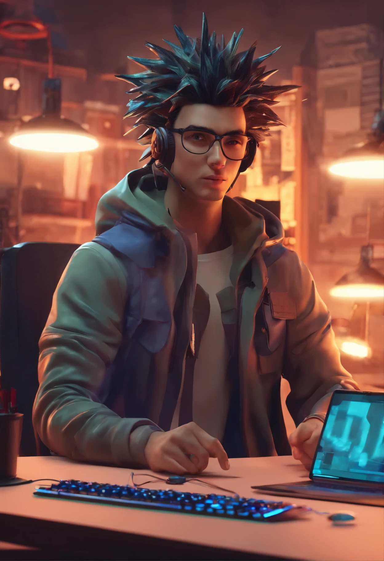Animi style , 26 year old streamer sitting at desk, hands on desk, spiky hair, hood over head, cyberpunk style 8K
