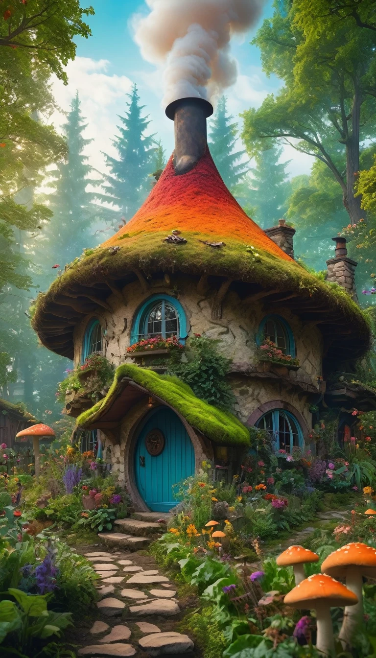 Cozy witch&#39;s cottage deep in the fantasy forest, Comes with a bouncing mushroom roof, Thick smoke billowed from the chimney, and a giant, wonderfully well-tended vegetable garden，Style similar to Milipili. Surreal, 8K, bright colors, Clear and sharp images