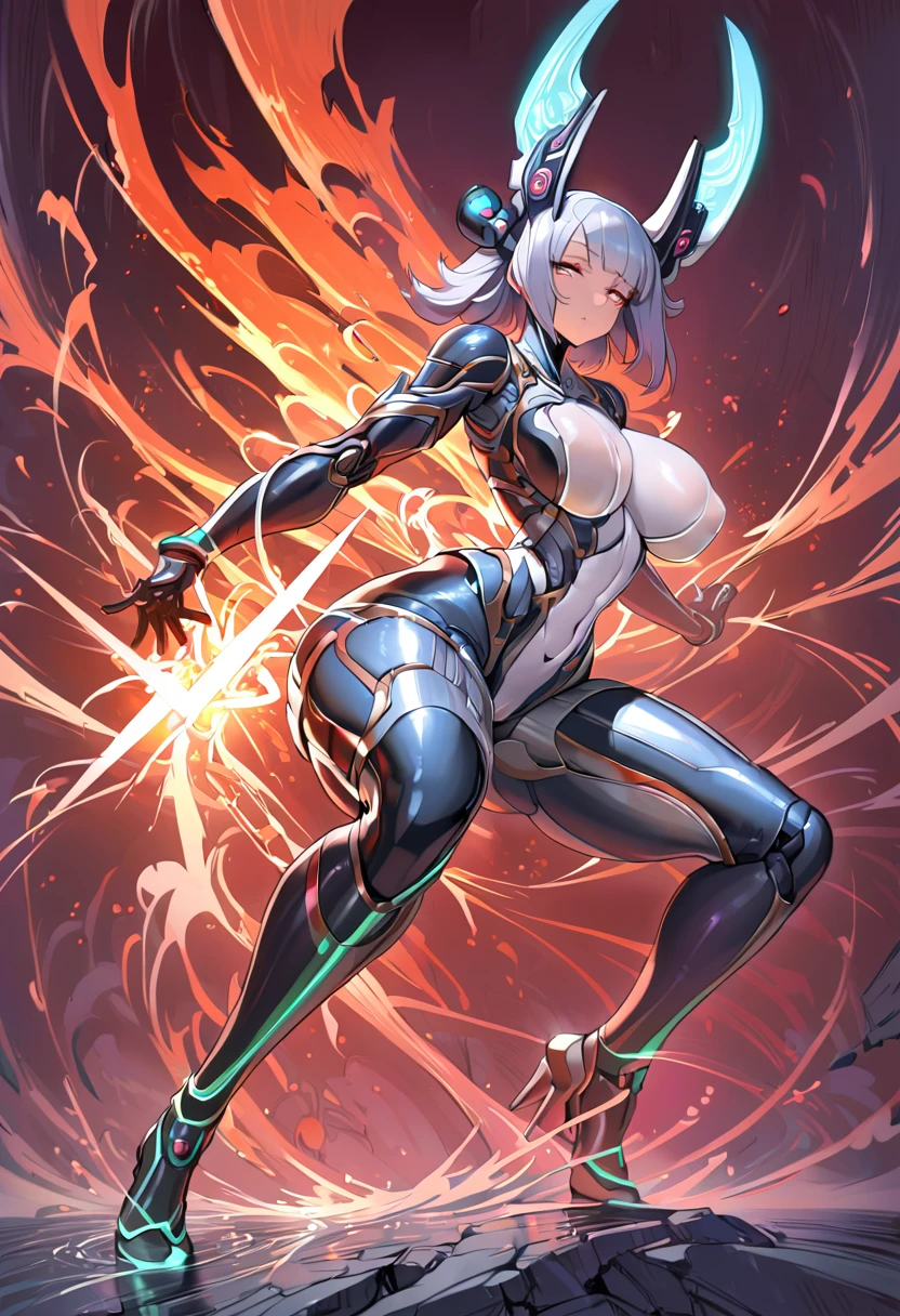 (masterpiece), (best quality:1.4), (perfect anatomy:1.4), high quality, expressive eyes, full body, tall girl, detailed face, beautiful face, perfect face, breasts, cleavage, gloves, A photograph of mid-twenties Japanese female android made of shiny white and silver translucent glass and plastic, geisha makeup and hairstyle, silver metal internal body mechanisms, dynamic pose, flowing organic construction, glowing golden circuitry, colorful neon trim, glowing circuitry, neon trim, depth of field focus f/2.8, art by H.R. Giger, Greg Rutowski, bodysuit, thick thighs, toned, emblem, superhero, dynamic lighting, 4k resolution, dynamic pose, weapon, energy weapon, cover, mecha musume, fortified suit, mechanical parts, headgear, robot joints, bodysuit, deva battle suit, gloves,