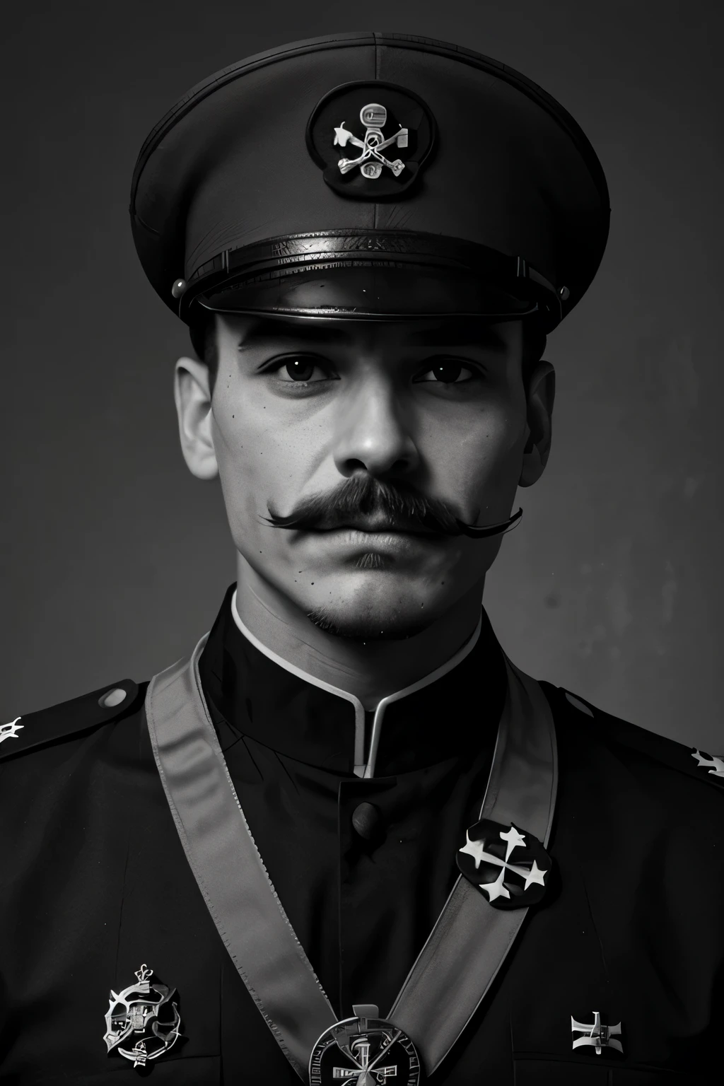 mustache, 1boy, solo, male_focus, facial_hair, uniform, military, monochrome, skull_and_crossbones, military_uniform, iron_cross, cross, realistic, hat, traditional_media, medal, upper_body, skull, sepia, greyscale