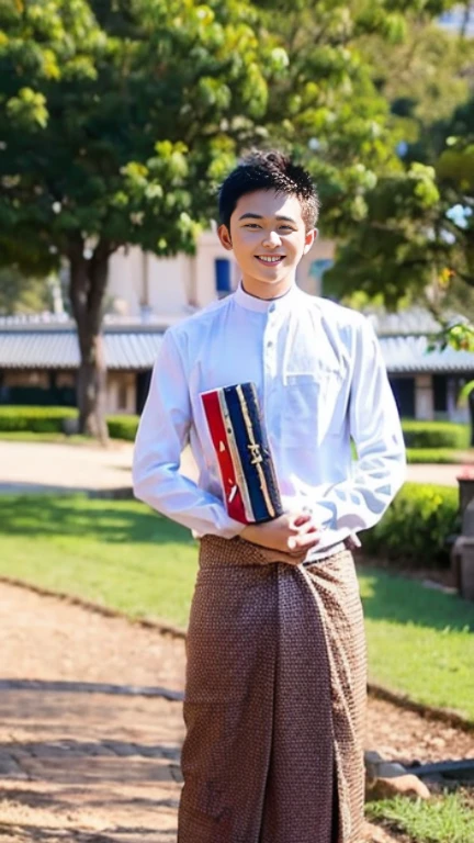 20 years old Beautiful Burmese in traditional dress boy Smiling face, friendly look, smiling at the camera, detailed clear view background, pagodas seen in the distance, farmland, natural beauty fullbudy