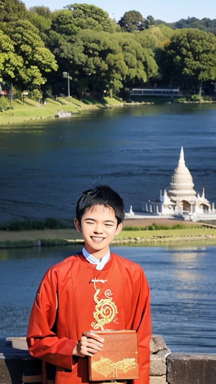 20 years old  Beautiful Burmese in traditional dress  boy  Smiling face, friendly look, smiling at the camera, detailed clear view background, pagodas seen in the distance, farmland, natural beauty fullbudy 