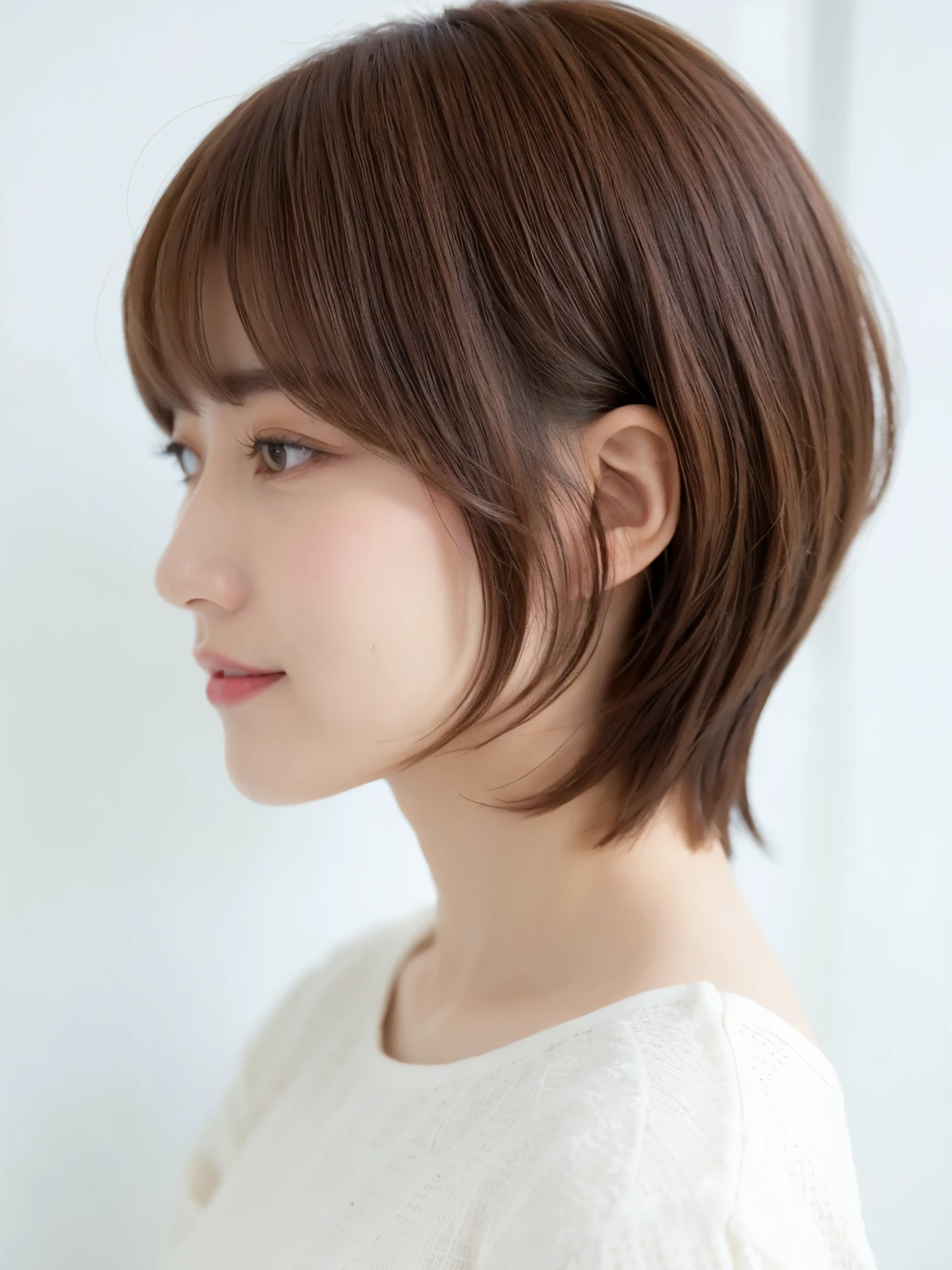 table top、white wall、Taken in front of the white door、floral long sleeve dress、(8K、Live shooting、highest quality、masterpiece:1.2)、High-definition RAW color photo、professional photos、(genuine、フォトgenuine:1.37)、Photographed in natural light、1 girl、lazy smile、(various poses)、spring clothes、Simple Necklace、(Beautiful profile:1.3)、don't look at the camera、profile、shortcut、((brown hair))、short hair、Eye color is dark brown、(Beautiful profile:1.3)、correct hand of human body、look down、fluffy hair