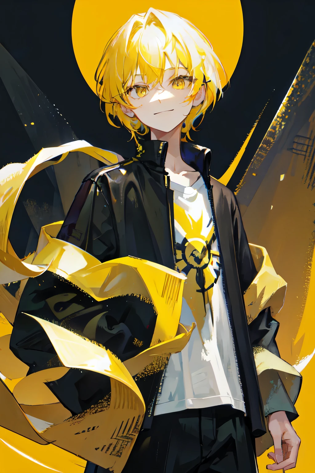 Solo, Male, smile facial, masterpiece, highres, yellow hair, yellow eyes, black casual shirt