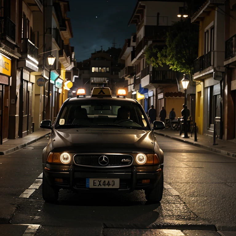 Hombre Taxista manejando coche en una calle oscura