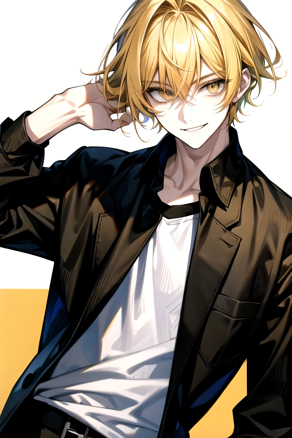 Solo, Male, smile facial, masterpiece, highres, yellow hair, yellow eyes, black casual shirt
