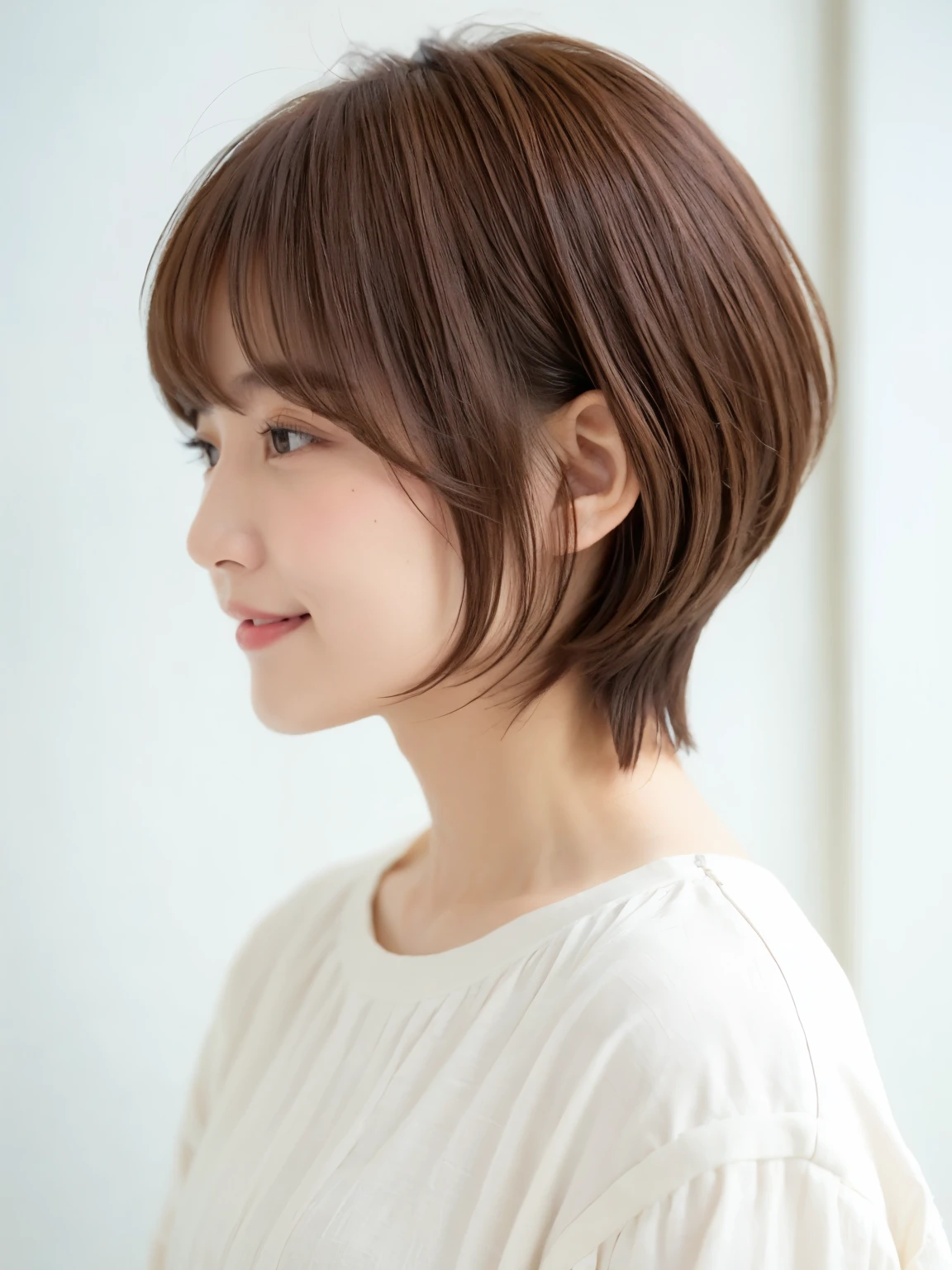 table top、white wall、Taken in front of the white door、floral long sleeve dress、(8K、Live shooting、highest quality、masterpiece:1.2)、High-definition RAW color photo、professional photos、(genuine、フォトgenuine:1.37)、Photographed in natural light、1 girl、怠惰なsmile、(various poses)、spring clothes、Simple Necklace、(Beautiful profile:1.3)、don&#39;t look at the camera、profile、shortcut、((brown hair))、short hair、Eye color is dark brown、(Beautiful profile:1.3)、correct hand of human body、look down、fluffy hair、smile