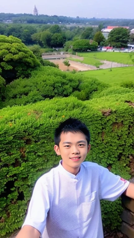 20 years old  Beautiful Burmese in traditional dress  boy  Smiling face, friendly look, smiling at the camera, detailed clear view background, pagodas seen in the distance, farmland, natural beauty fullbudy 