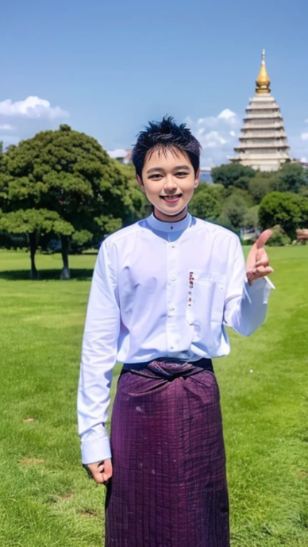 20 years old Beautiful Burmese in traditional dress boy Smiling face, friendly look, smiling at the camera, detailed clear view background, pagodas seen in the distance, farmland, natural beauty fullbudy